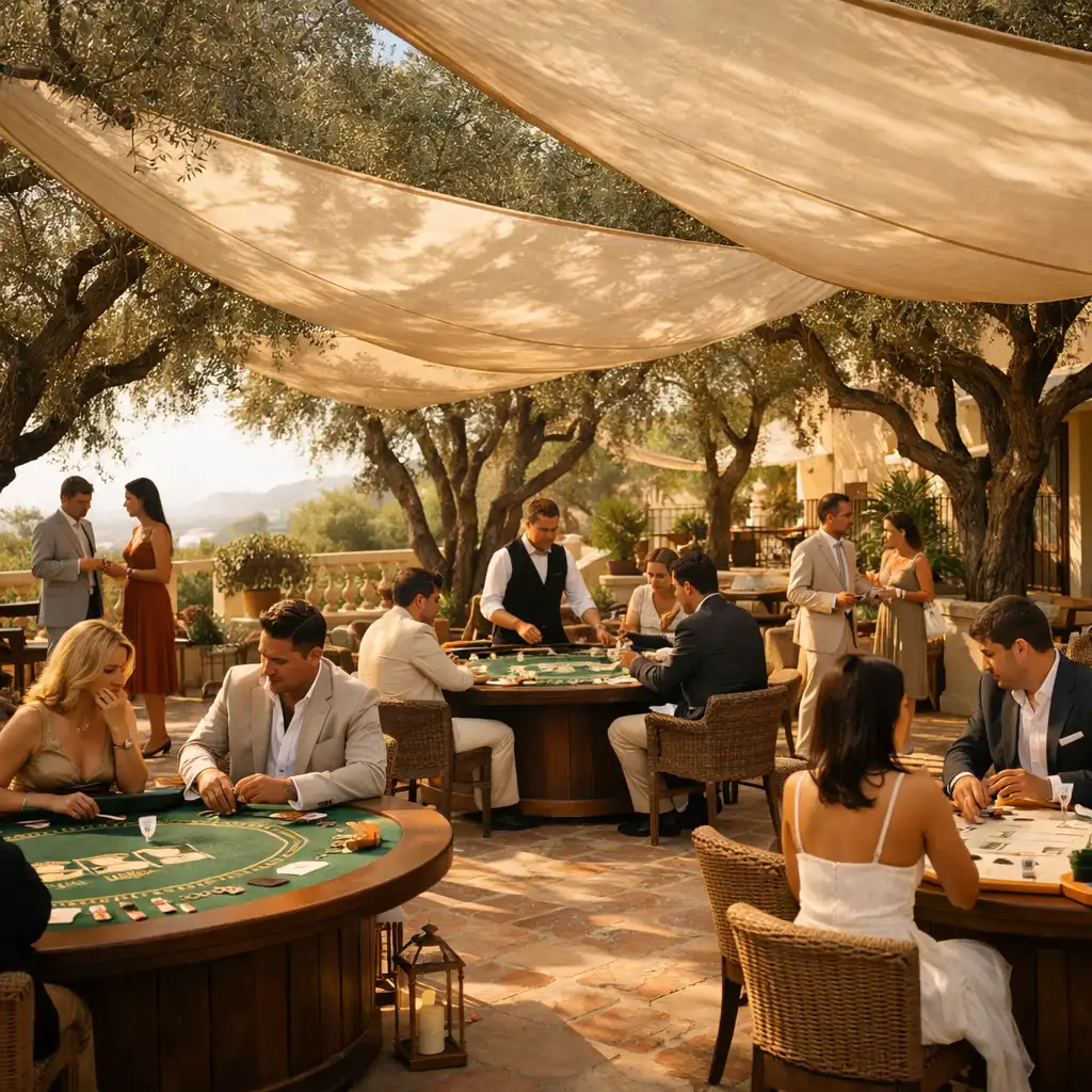 Otvoreni casino lounge Bonasino na terasi ispod maslina s pogledom na Jadran