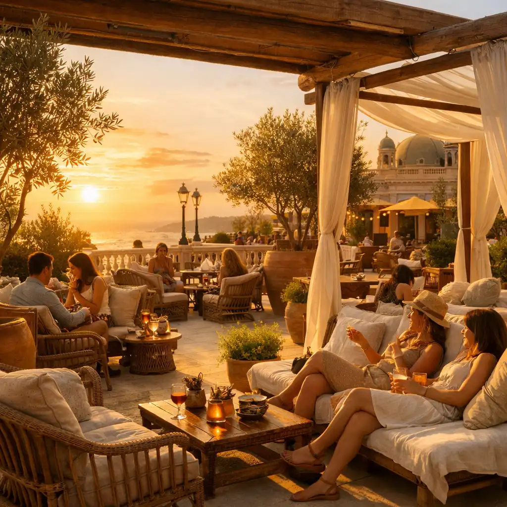 Otvoreni lounge Bonasino casina s ratan namještajem, lanenim jastucima i terakota teglama
