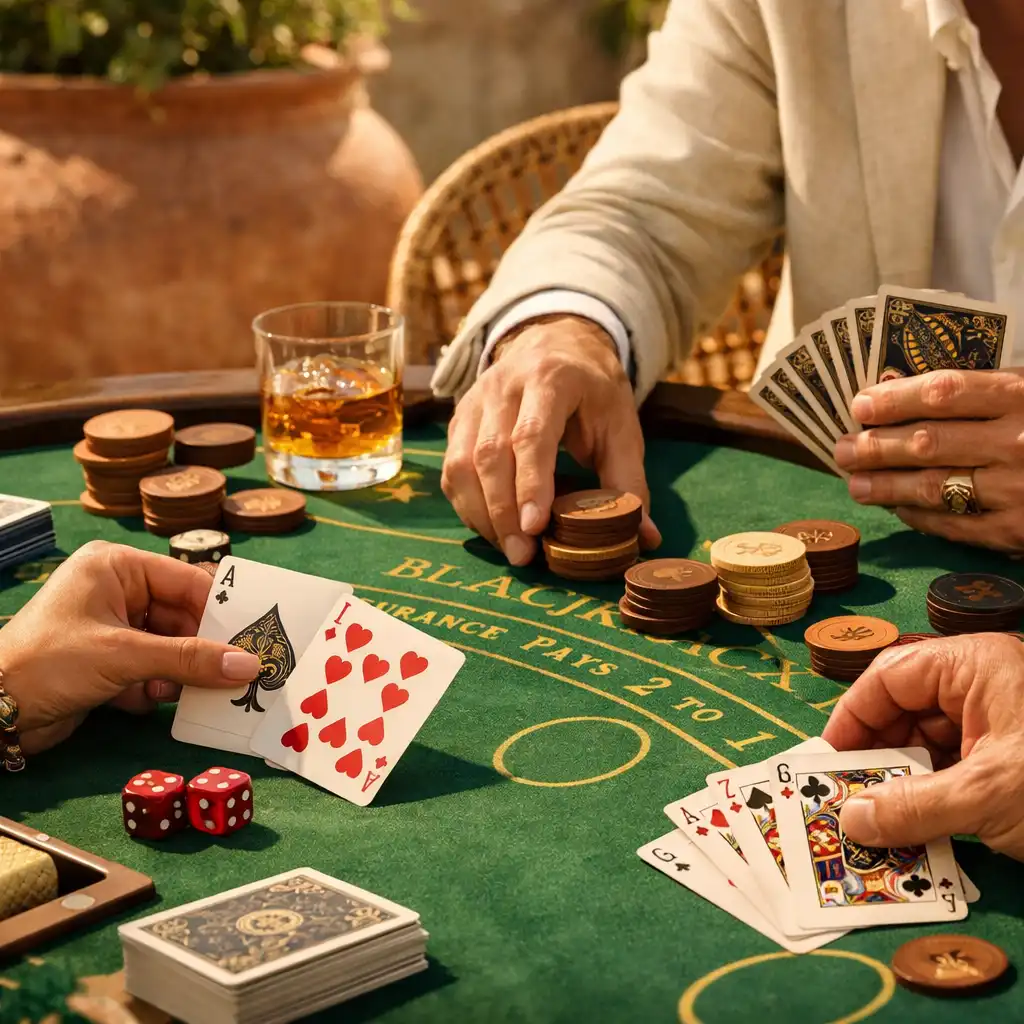 Detalj ručno izrađenih stolova za casino igre u Bonasinu, s drvenim rubovima i platnom u toplim tonovima