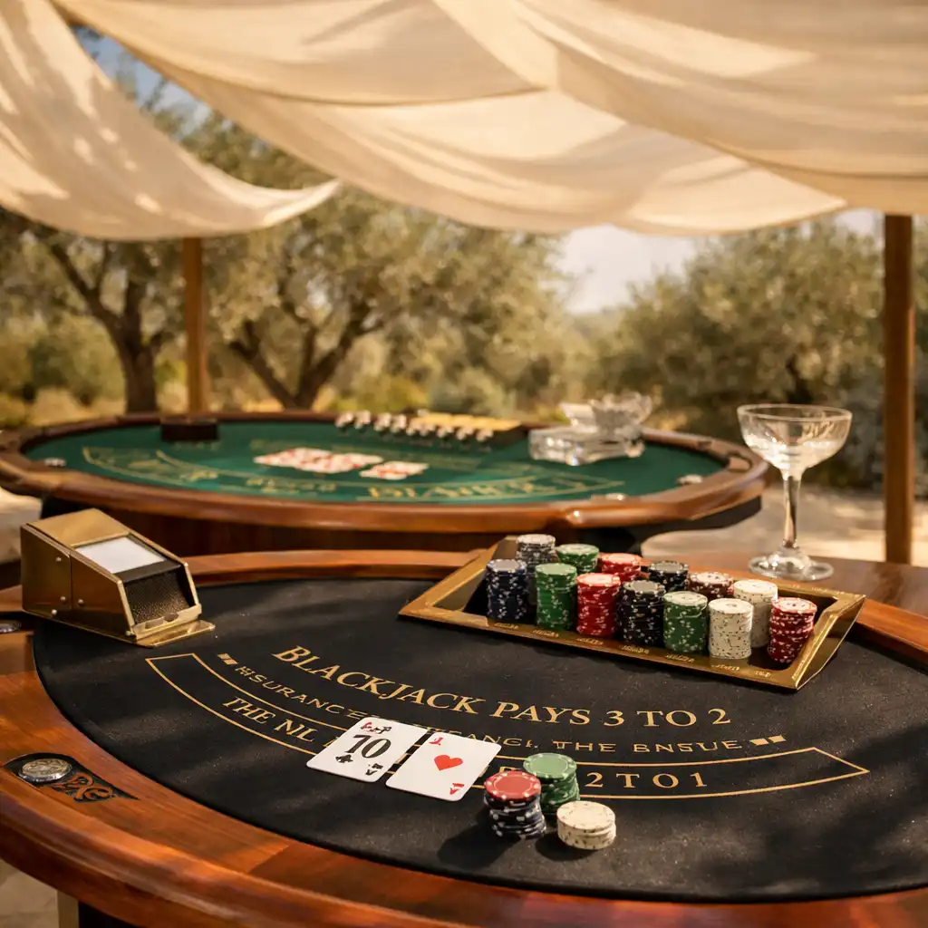 Artizanski stolovi za blackjack i baccarat ispod lanenih jedara u otvorenom casino loungeu Bonasina