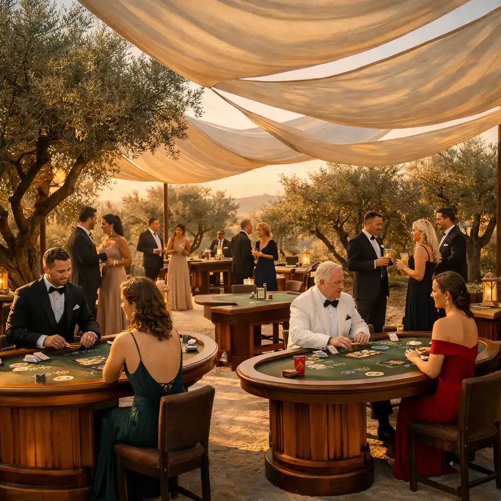 Otvoreni kasino lounge Bonasino Estatea s drvenim stolovima ispod lanenih jedara