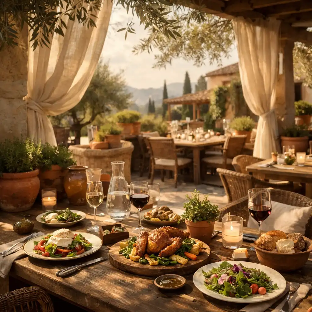 Otvoreni restoran Bonasino Estatea s artizanskim stolovima i mediteranskim jelima