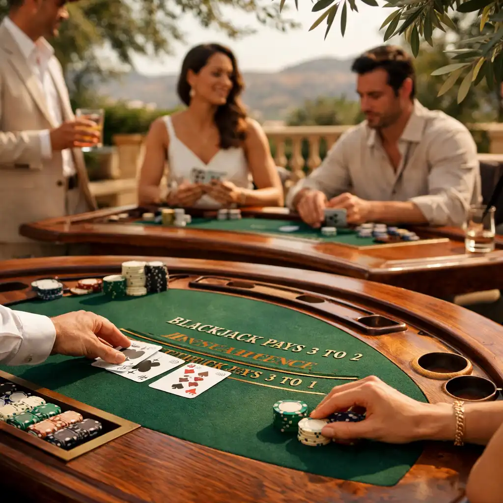 Otvoreni casino stolovi Bonasina s drvenim detaljima i maslinama iznad