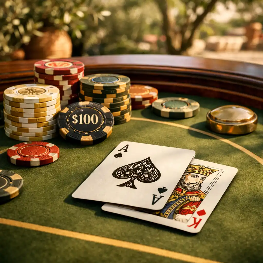 Bliski kadar artisan casino stola Bonasino s maslinasto zelenim filcom i žetonima u toplom svjetlu