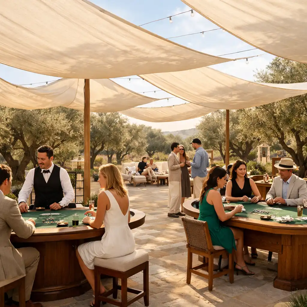 Otvoreni casino lounge Bonasino s artisan stolovima pod platnenim jedrima u zlatnom satu