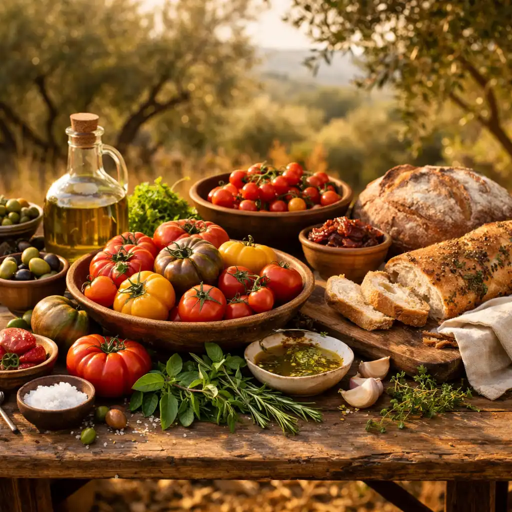 Rustic harvest table with fresh Mediterranean vegetables, herbs and olive oil at Bonasino