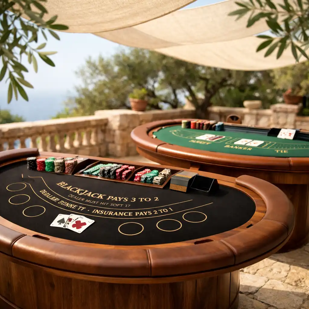 Elegantni stolovi za blackjack i baccarat na otvorenom, ispod lanenih baldahina