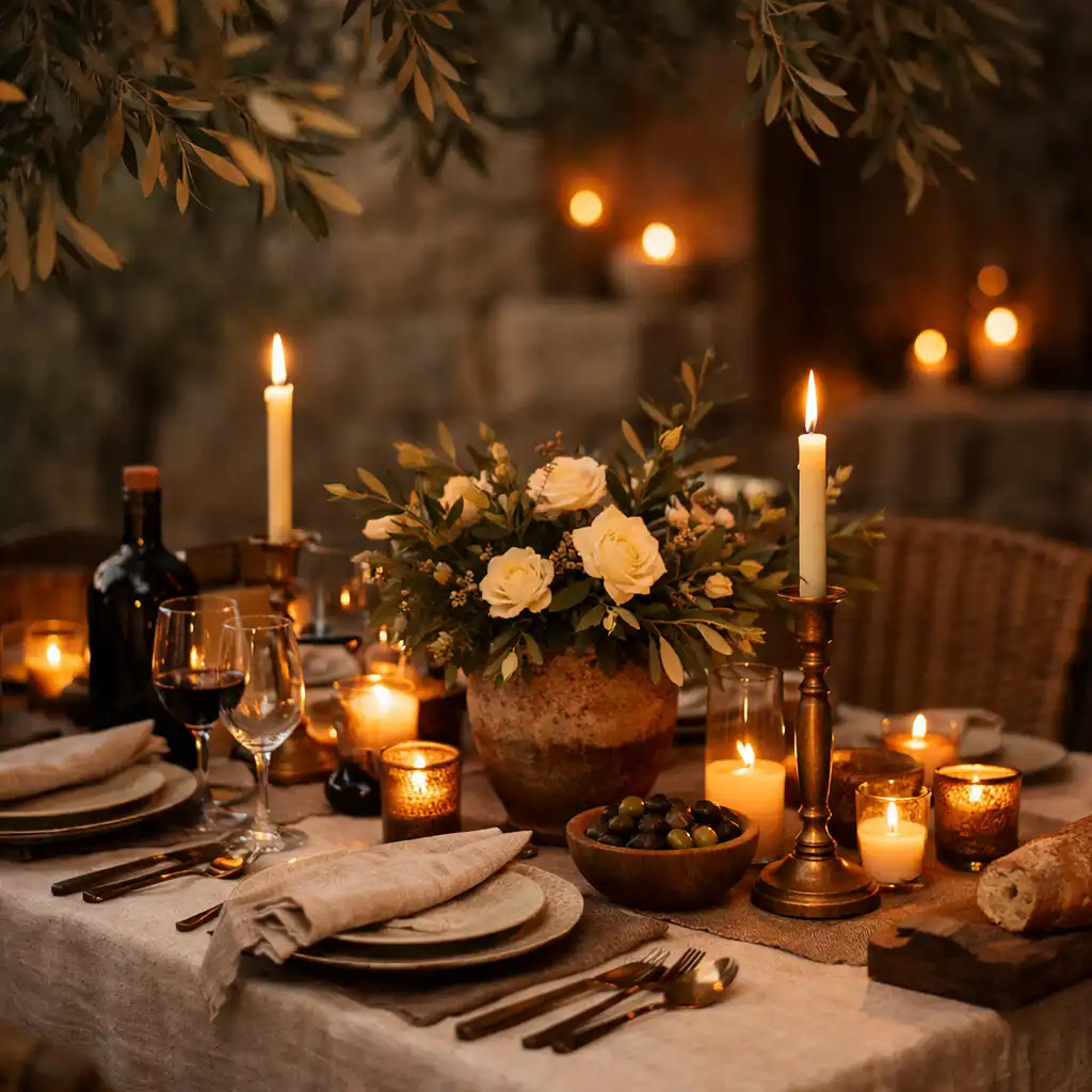 Private dining table set beneath softly lit olive branches at Bonasino