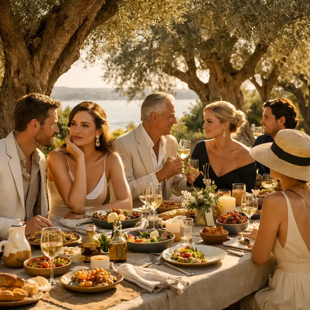 Guests enjoying farm-to-table dinner on Bonasino's sun-bleached terrace beneath olive trees