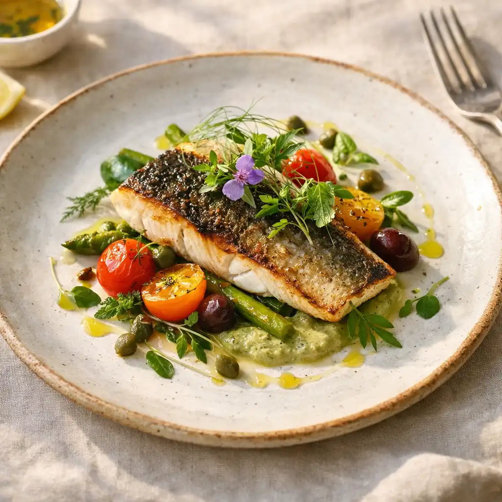 Adriatic seabass plated on artisan ceramics with wild herbs and citrus