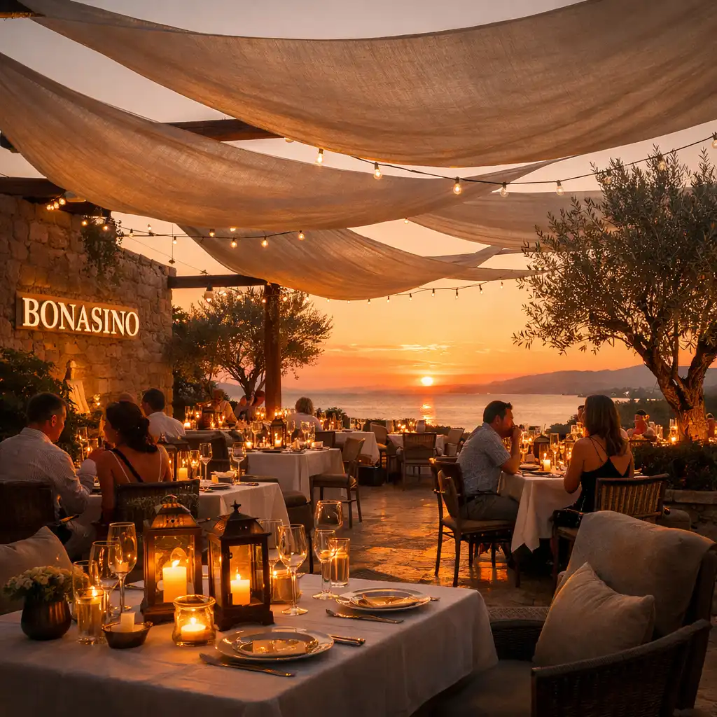 Bonasino terrace at sunset with linen canopies, candles and olive trees